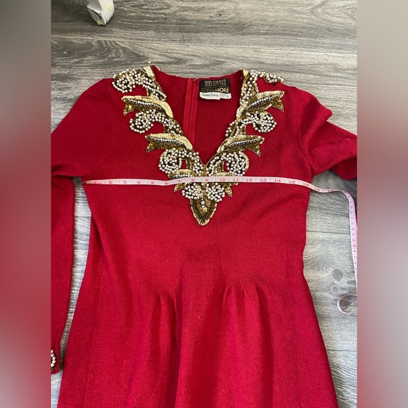 Vintage Don Sayres for Wellmore Neiman Marcus Red Knit Dress Sequins Pearls SZ 4 - Picture 14 of 16